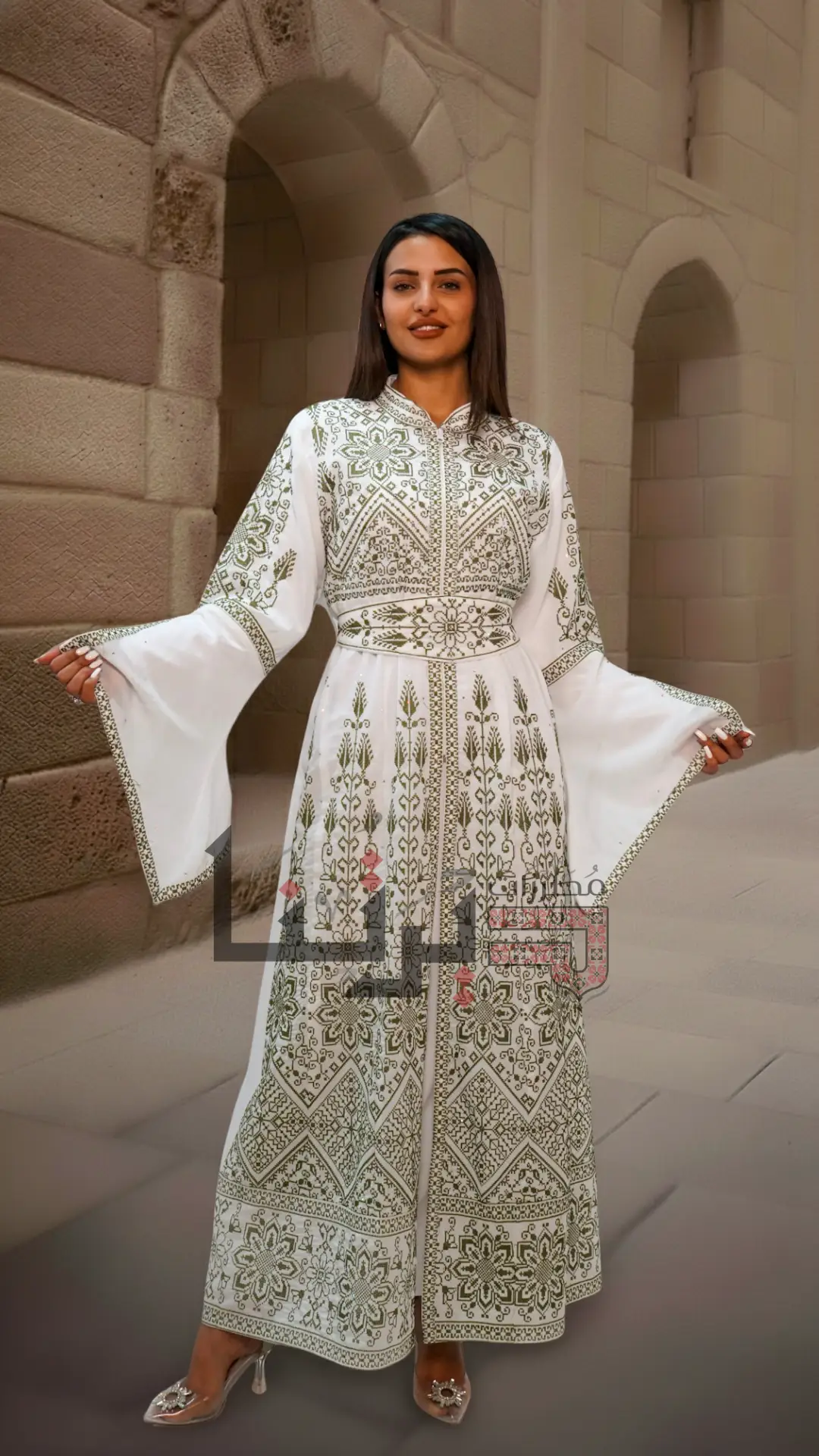Embroidered White and Green Dress
