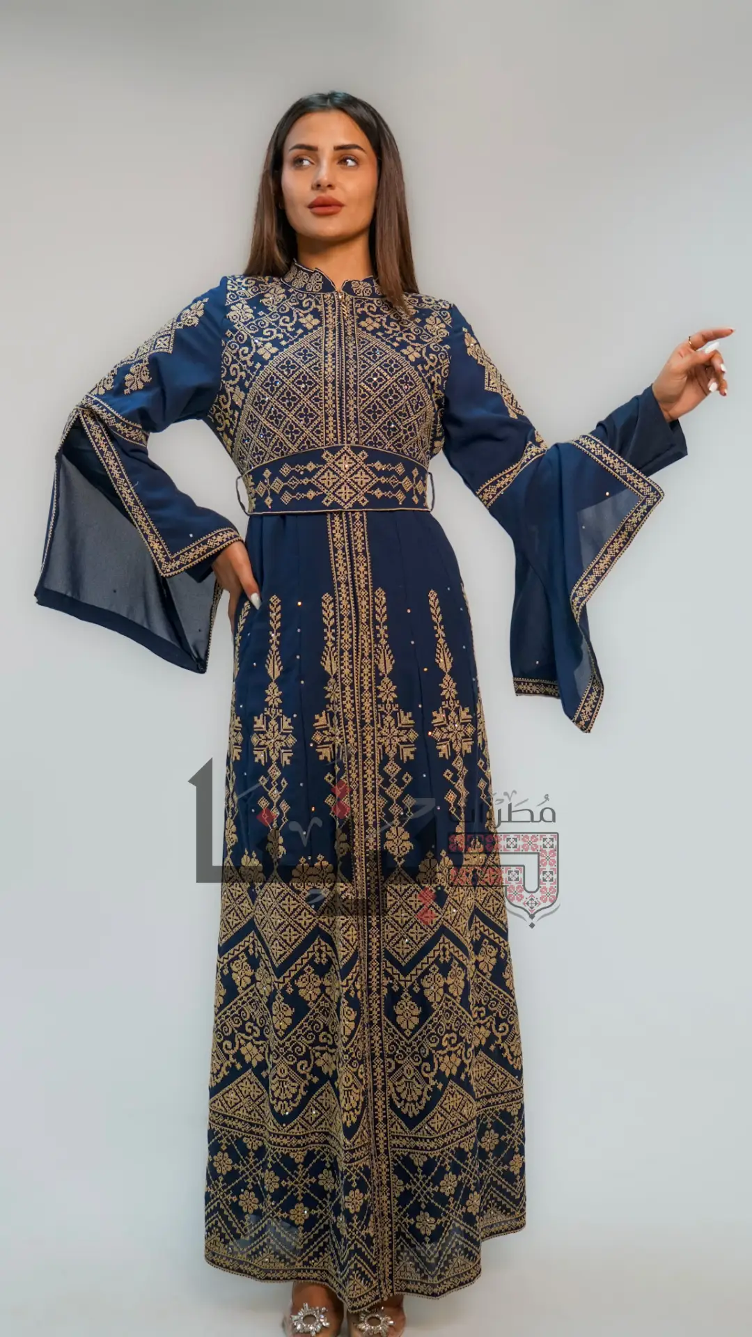 Embroidered Luxury Navy Blue and Gold Dress